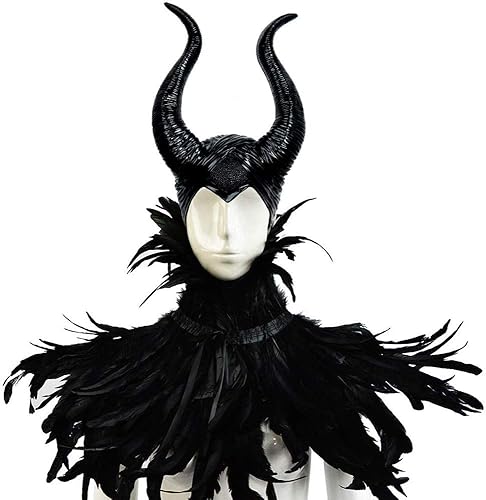 Miniatura 5 de L'VOW chal gótico con plumas negras y cuernos de Maleficent, disfraz de cuervo para Halloween