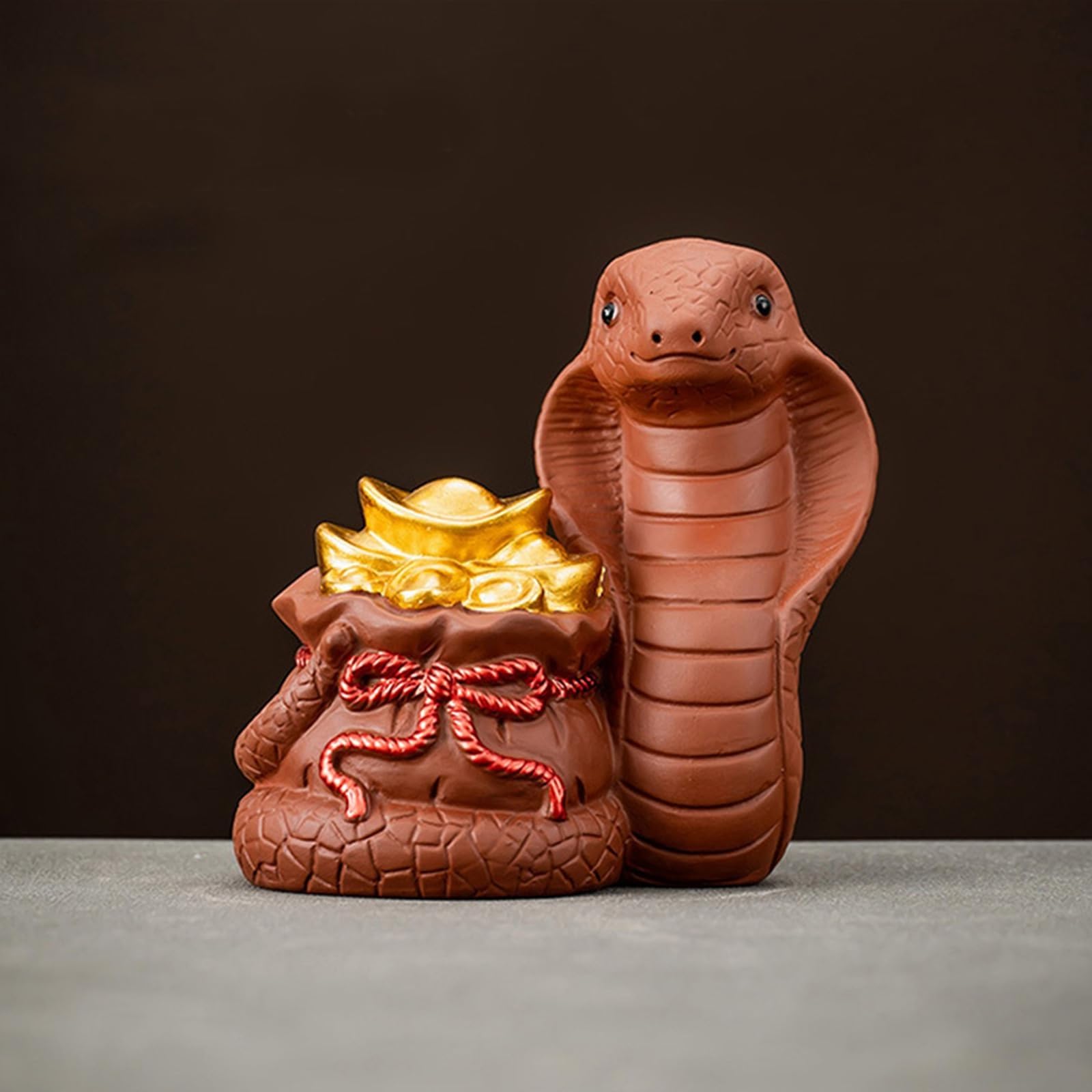 YUZDNM Zodiac Snake Statue, Ceramic Feng Shui Snake Figure with Lucky Bag for Wealth and Success, 3.5" H(Brown)