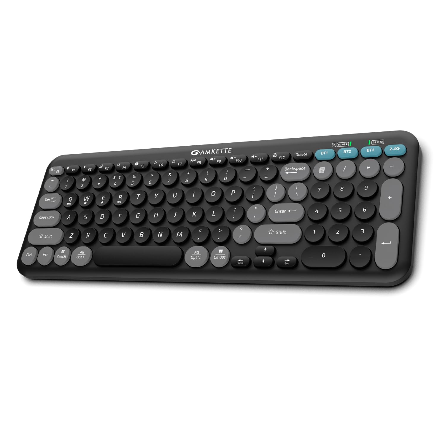 Amkette Optimus XL Plus Wireless Keyboard/Bluetooth Keyboard for PC | Compact Design. Powerful firmware. 2.4G+3xBT, Type-C Rechargeable, One Click Device Switching & AI Access, Dual OS Layout (Black)