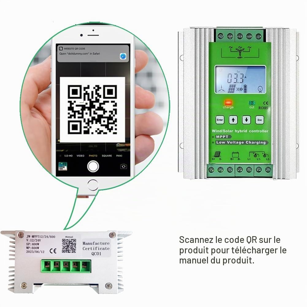 SolaMr 1000W MPPT Contrôleur de Charge Hybride Solaire Éolien 12V/24V avec Afficheur LCD - Solaire: 400W + Éolien: 600W