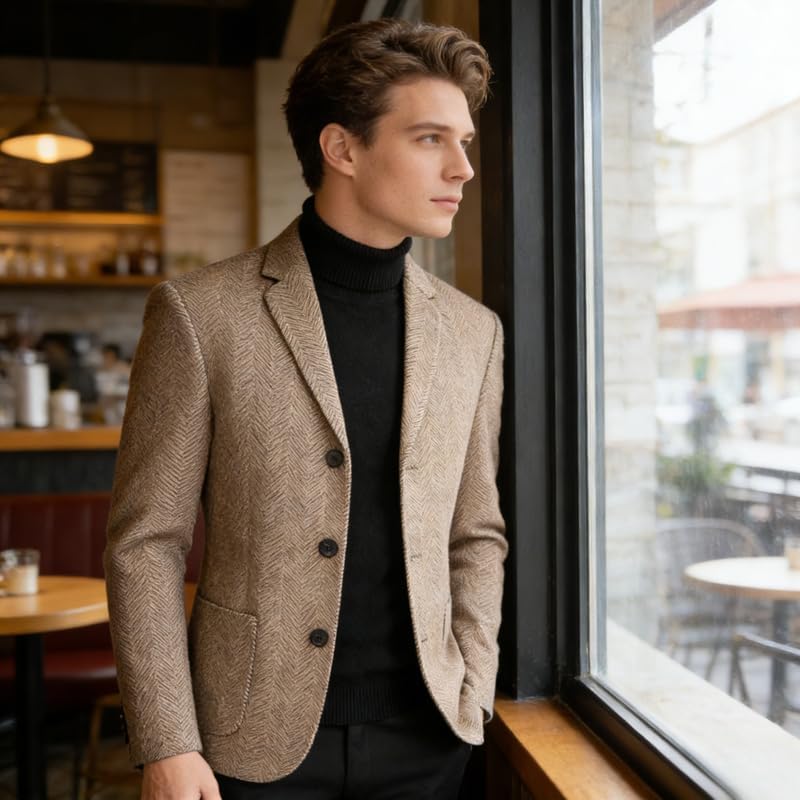 Men's Dress Blazer Herringbone Notch Lapel 3 Button with Pockets for Fall Winter Casual Business Wear
