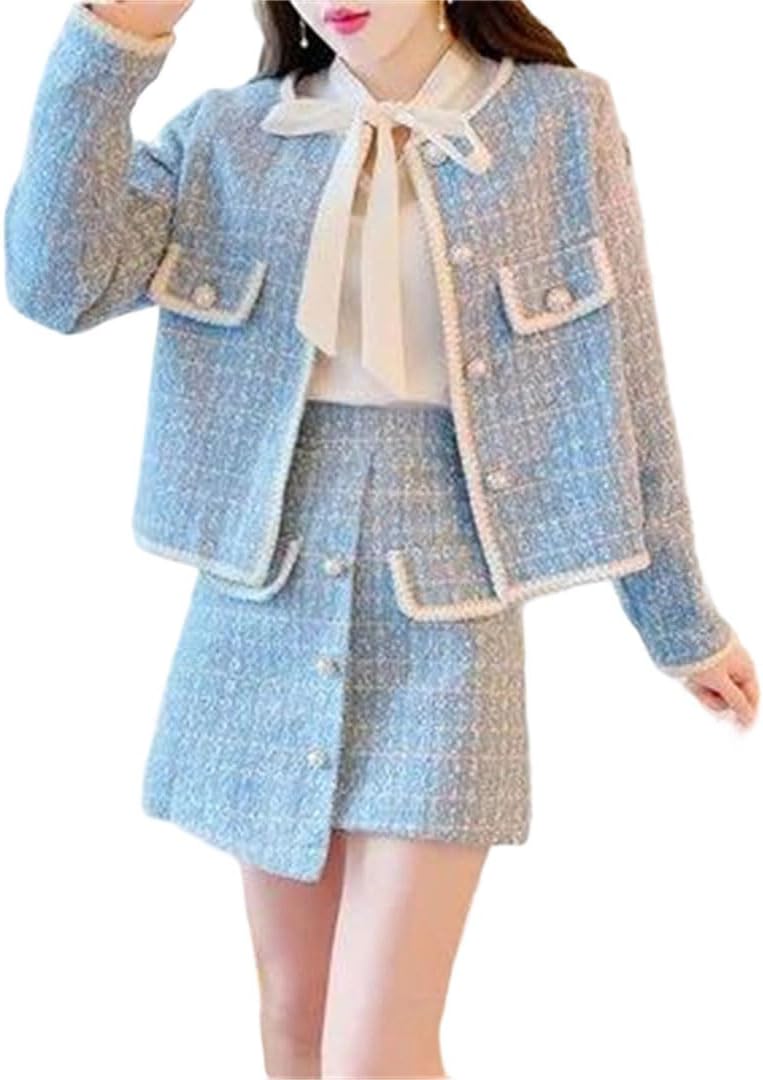 Women Tweed Two Piece Set Pearl Embroidery Jacket Irregular Skirt Outfit