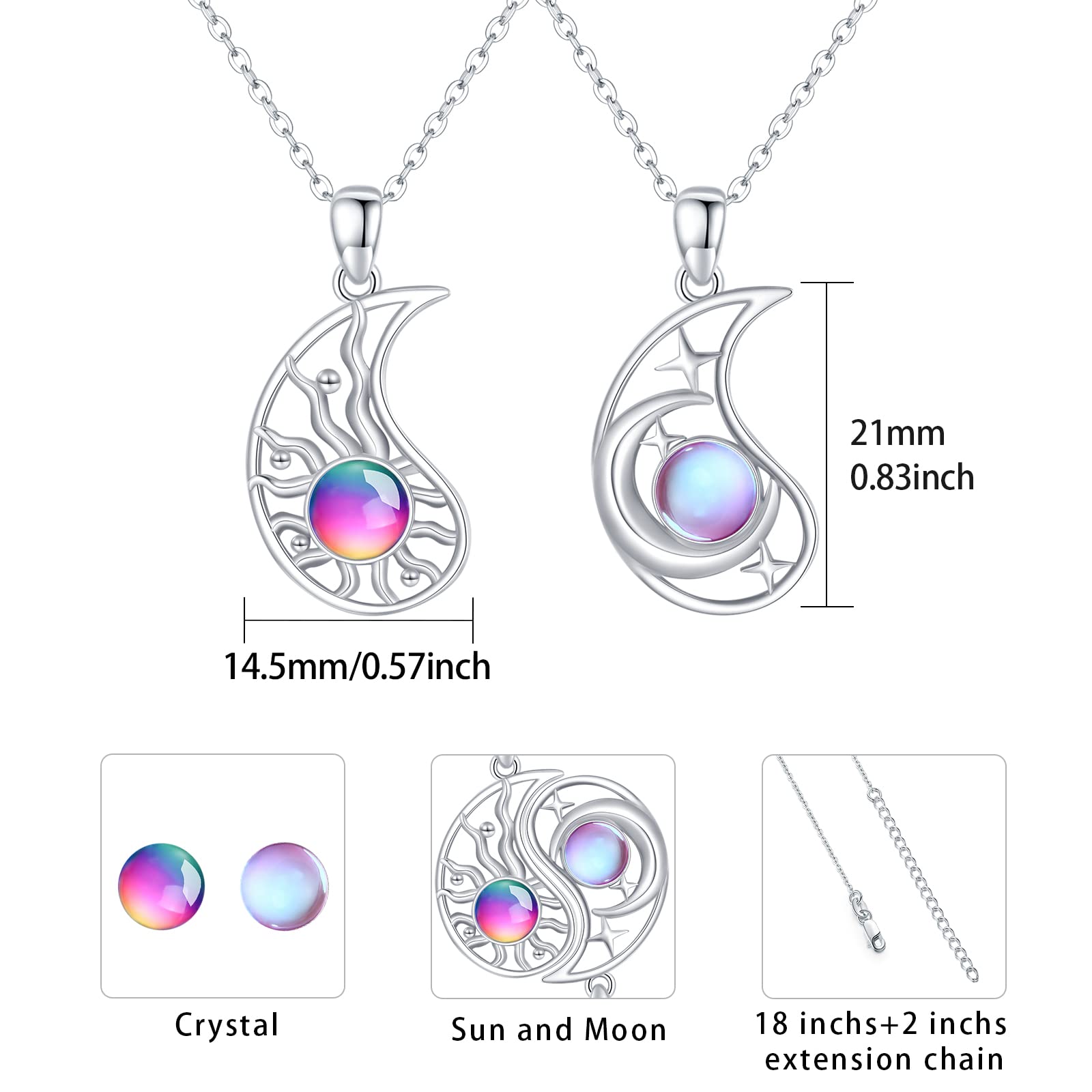 2 Stücke BFF Halsketten Armband Mond Sonne 925 Sterling Silber Schwestern Armband Halskette Runden mit Kristallen Sonne und Mond Freundschaftskette Freundschaftsarmband BFF Schmuck für 2