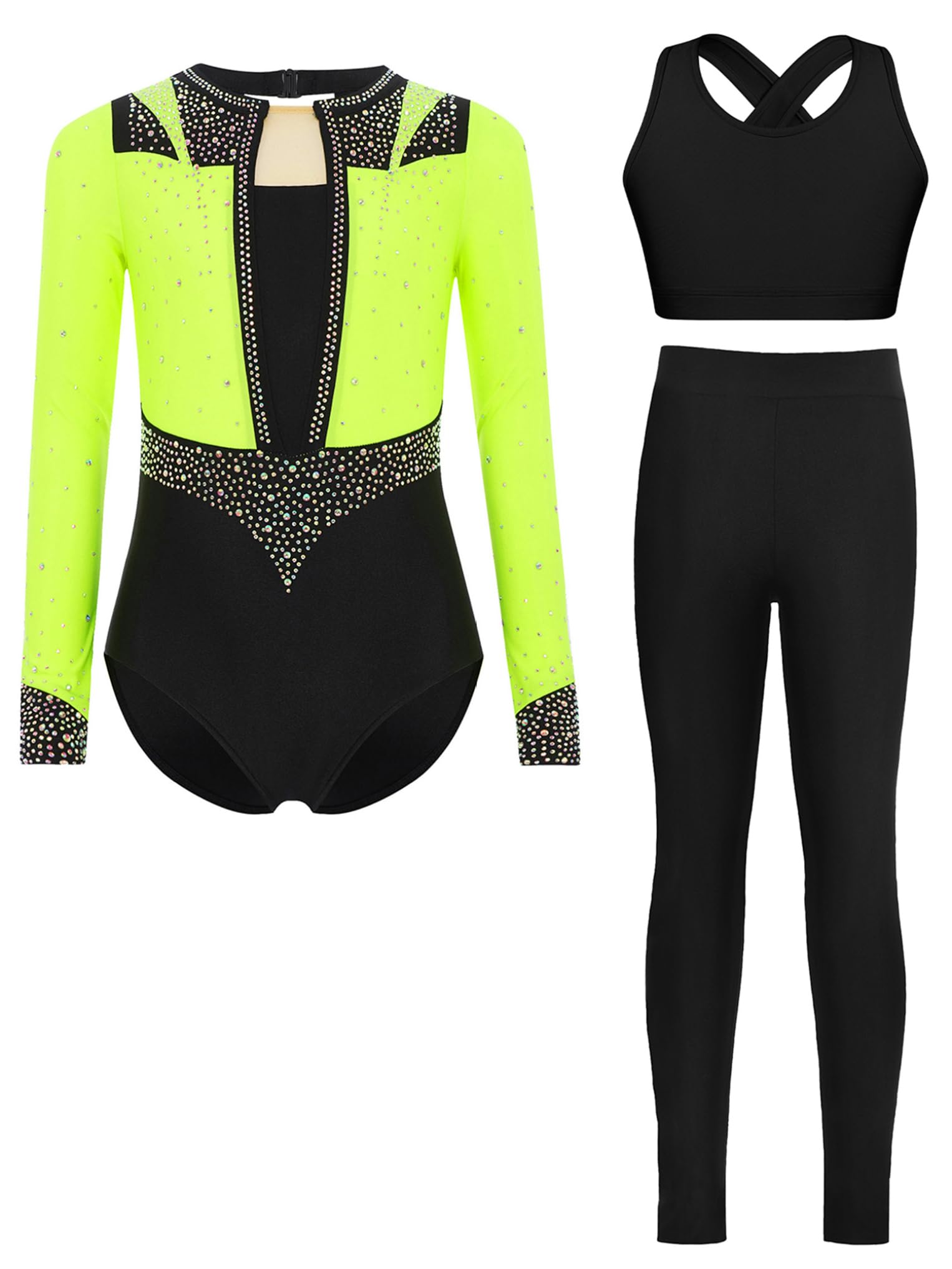 Oyolan 3Pcs Mädchen Turnanzug Glitzer Langarm Gymnastikanzug mit Sport BH Tops und Hose Leggings Tanzbody Leotard Ballettanzug Wettbewerb Sportbody Tanzkostüm