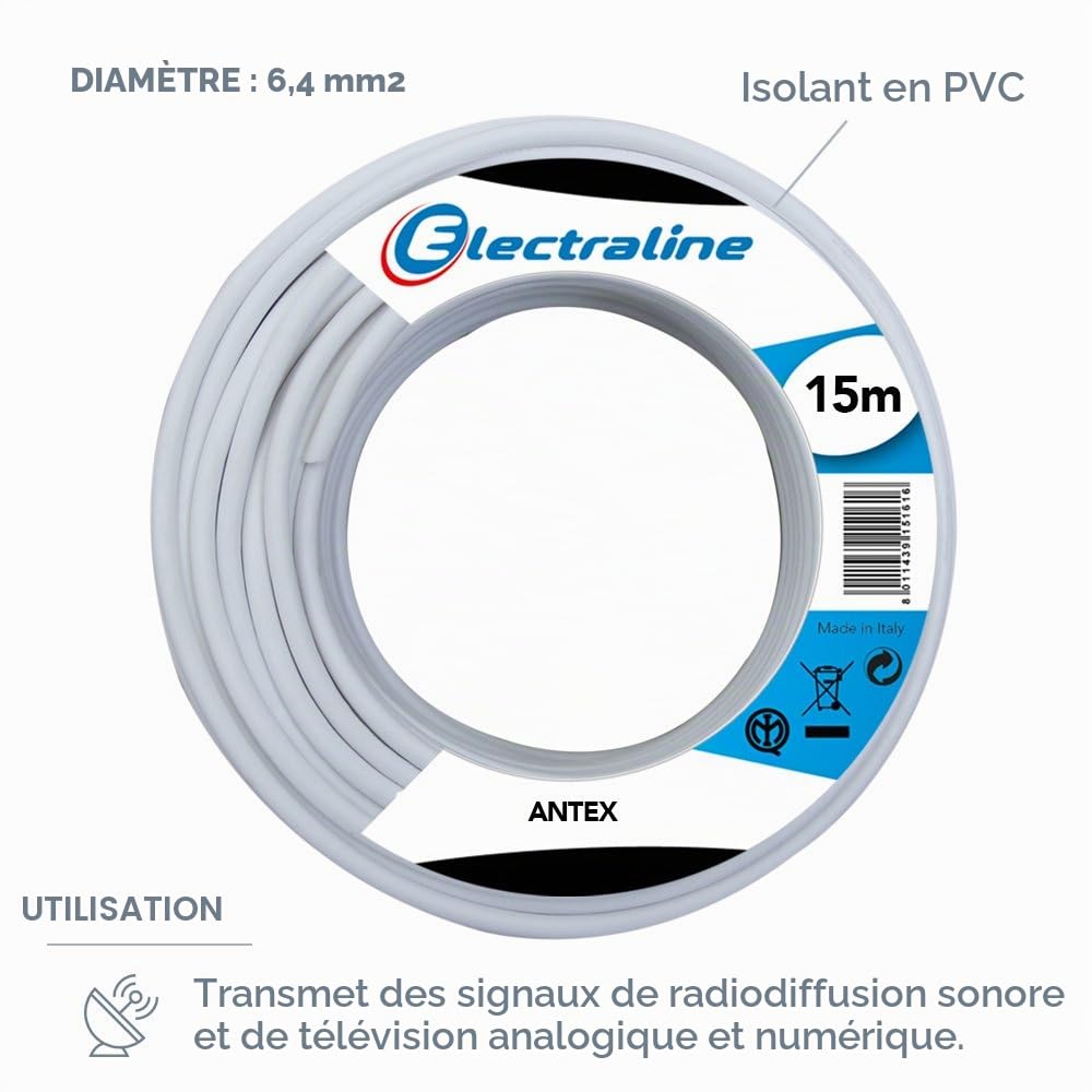 Câble d'antenne coaxial Câbles Antennes TV – 15 Mt – Blanc
