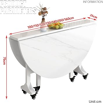 Folding Dining Table, Drop-Leaf Dining Table, Space Saving Drop Leaf Tables, Extendable Round Rolling Table on 6 Wheels, for Breakfast bar or Coffee Table,Small Spaces(White,100cm)