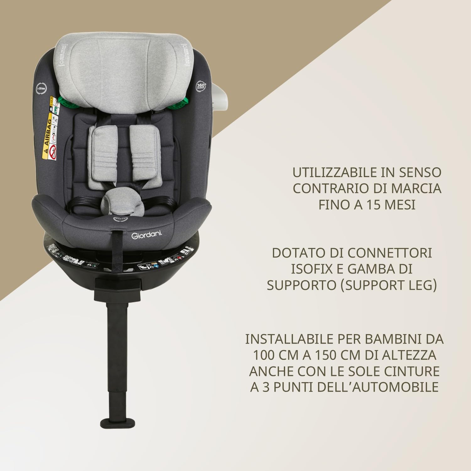 Giordani Crono Seggiolino Auto 40-150 cm i-Size, Base Girevole 360°, Connettori Isofix e Gamba di Supporto, 5 Posizioni dello schienale, Protezioni Laterali e Riduttore Neonato, Evolutivo 0-12 Anni
