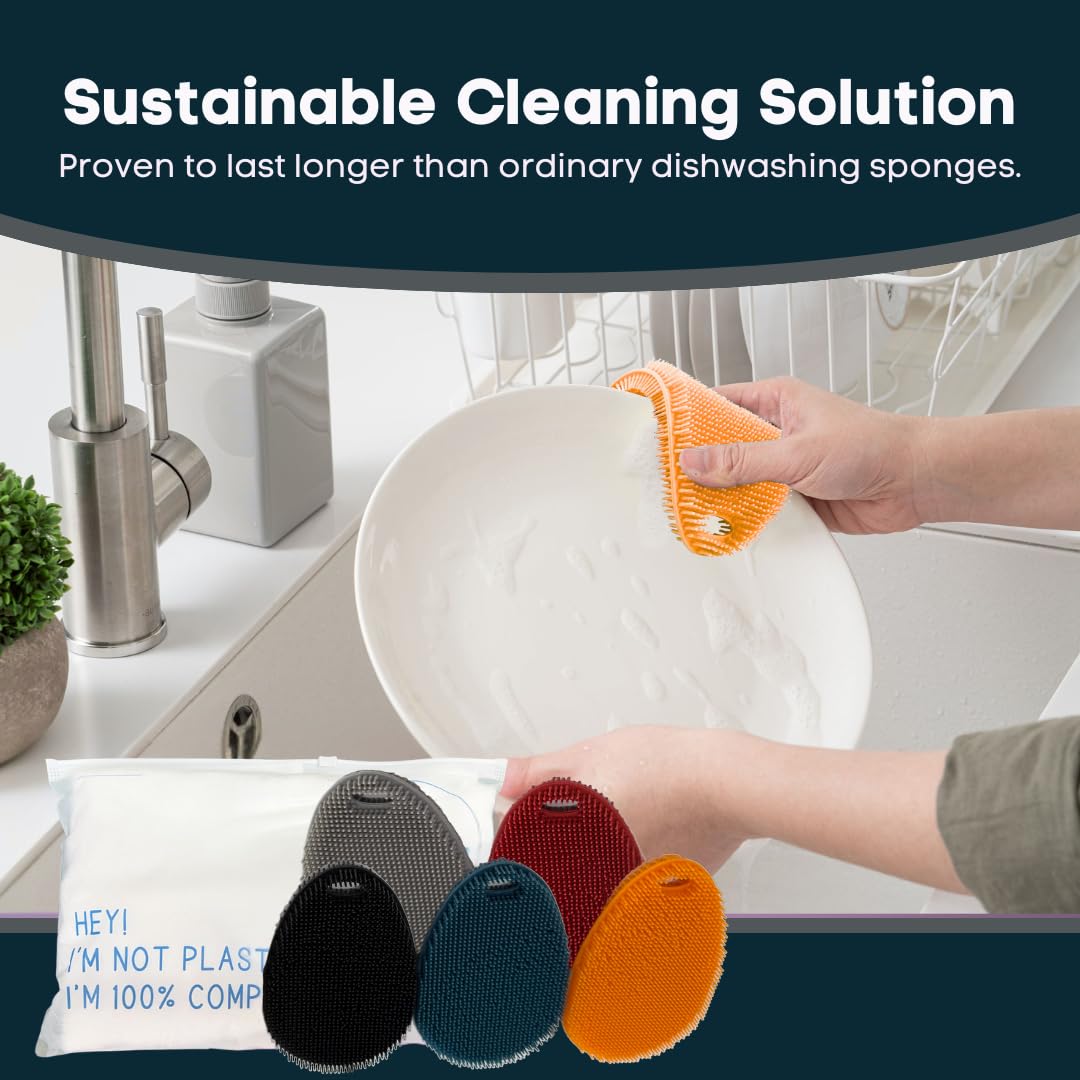 Esponja de silicona para platos, estropajo de silicona de grado alimenticio y limpieza de la casa, estropajo de cocina de silicona sin BPA [paquete de 5 óvalos de invierno]