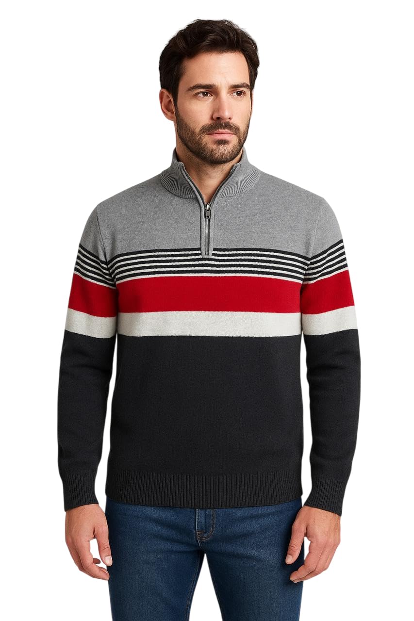 Mens Woolen Sweater for Winters Striper Cardigan Wool Pullover Red