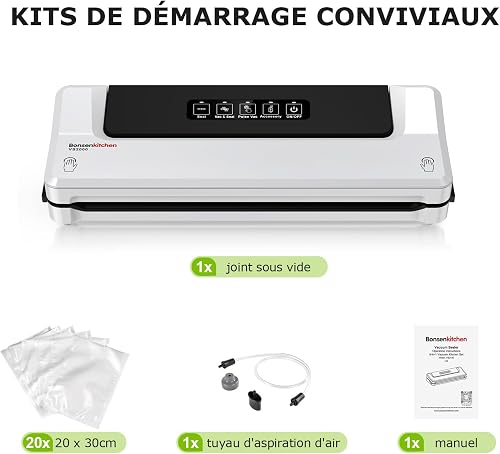 Bonsenkitchen Vacuum Sealer, Continuous High-Speed Vacuum Sealer, Food Sealing Machine, Includes 5 Vacuum Bags and Hose (White) - 5