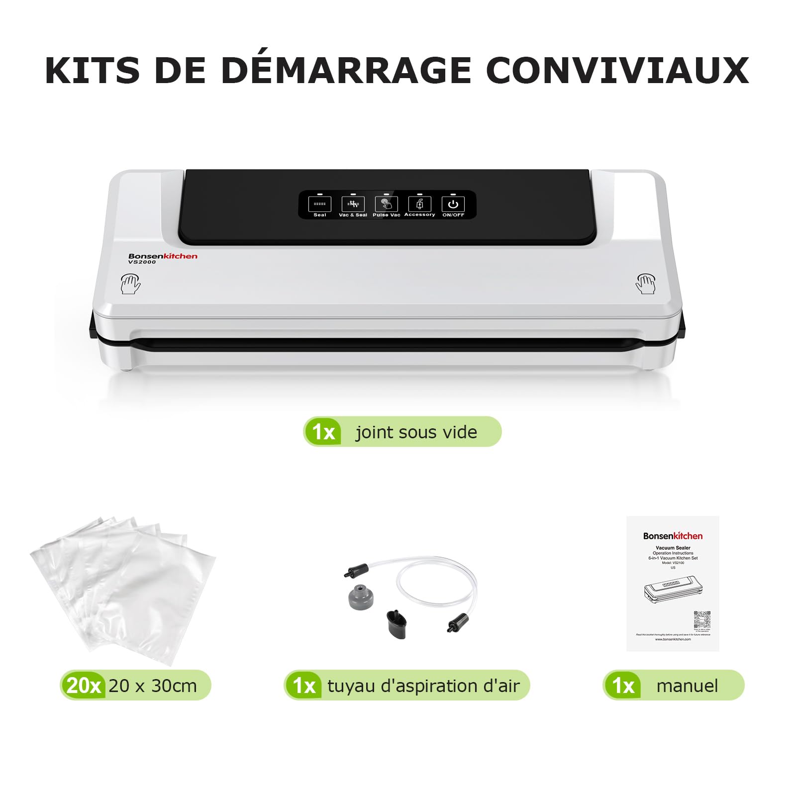 Bonsenkitchen Kit d'aspiration professionnel blanc Aspirateur à vide continu haute vitesse + 6 rouleaux de film sous vide sans BPA, incl. 5 sachets de démarrage et tuyau