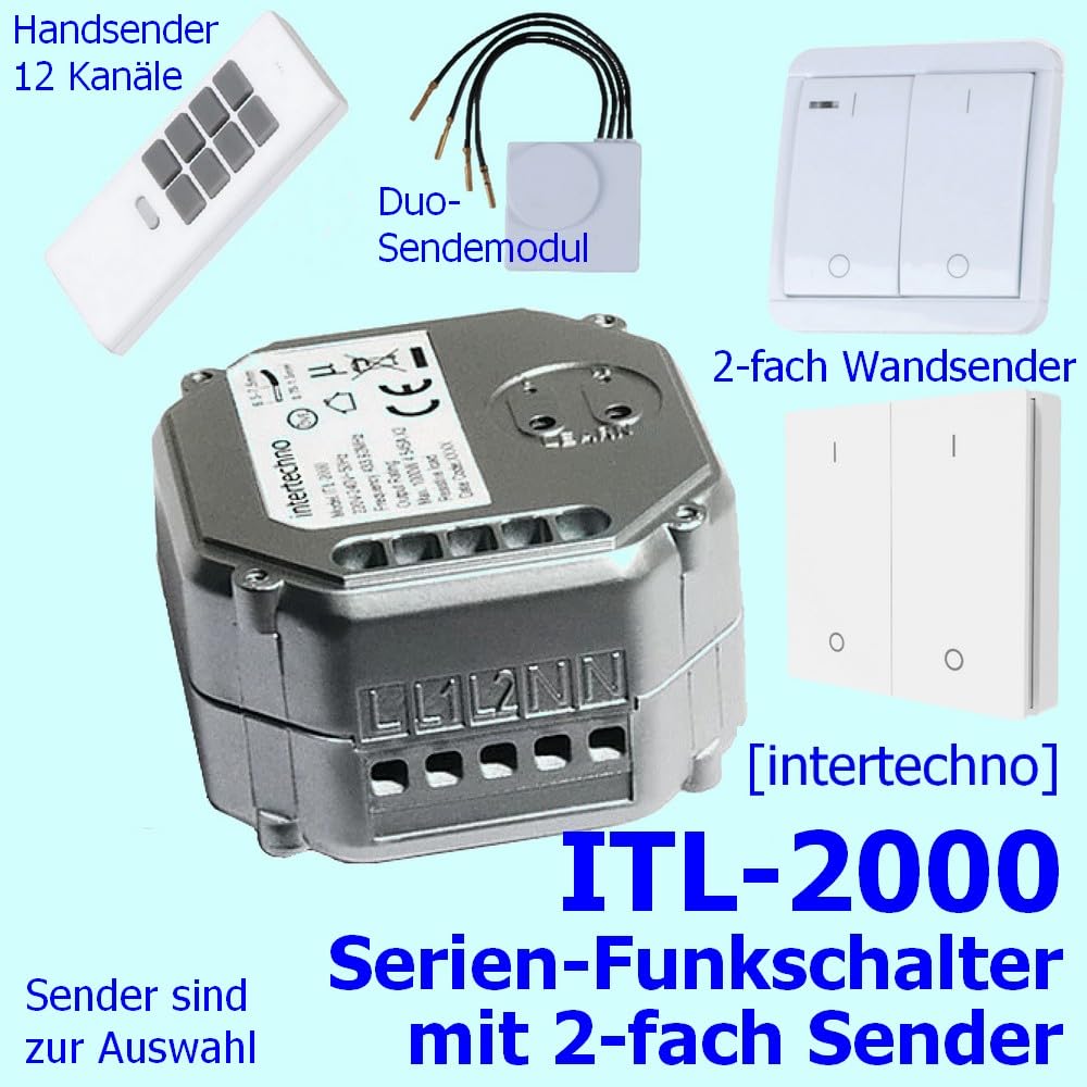 PI-130: Intertechno 2-fach Funkschalter ITL-2000 mit Doppel-Wandsender DWS-22 für die fernbediente Schaltung von Lichtanlagen aller Art, sowie Elektrogeräte bis 1000 Watt/Kanal