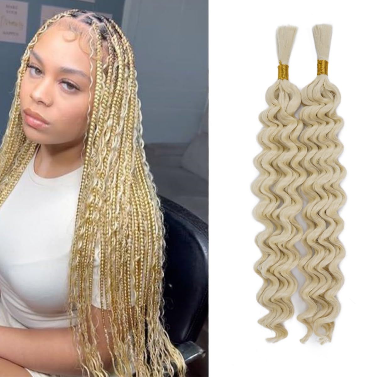 2 Packs Deep Wave Braiding hair extension bulk Fiber Hair Extensions, (613#, 18inch)