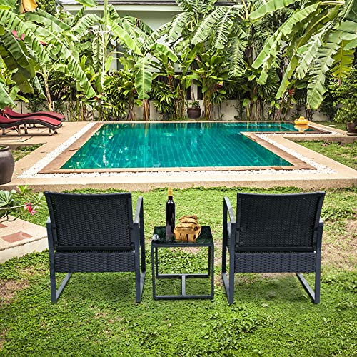 Viewee 3 Pieces Patio Rattan Sets, Modern Outdoor Furniture with 2 PE Rattan Chairs, 2 Thicker Cushions and 1 Square Metal Side Table for Indoor and Outdoor Porches, Decks and Balconies - Thumbnail 6
