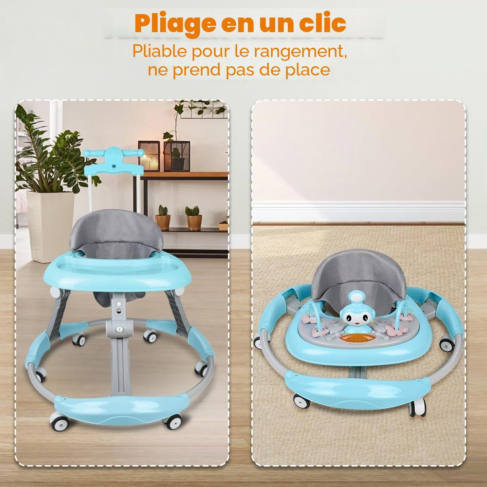 3 en 1 Trotteur pliable pour bébé,5 Hauteur réglable,Roues à 360°,Station de jeu musicale,Centre de jeu de 6 à 18 mois,Plateau Repas et Plateau d'activités Musical Amovible (Bleu-70 * 70 * 91cm)