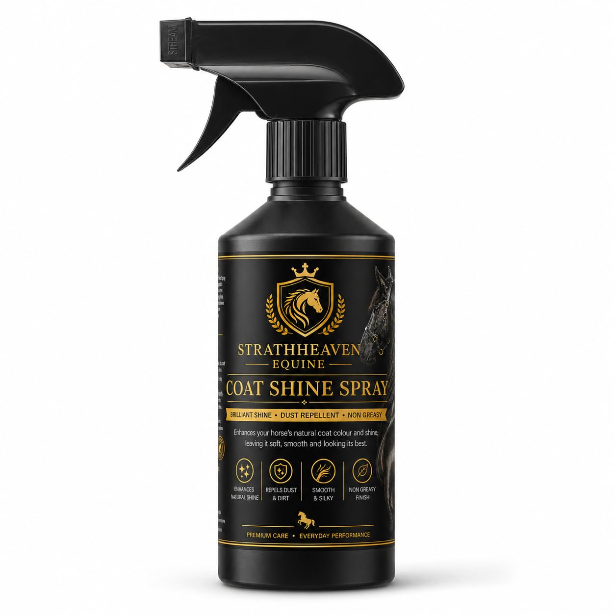 Strathheaven Equine Coat Shine Spray for Horses – Non Greasy Gloss Finish, Dust Repellent, Silky Smooth Coat Grooming Spray for Everyday Use, Shows & Events (500ml/16.9 fl oz)