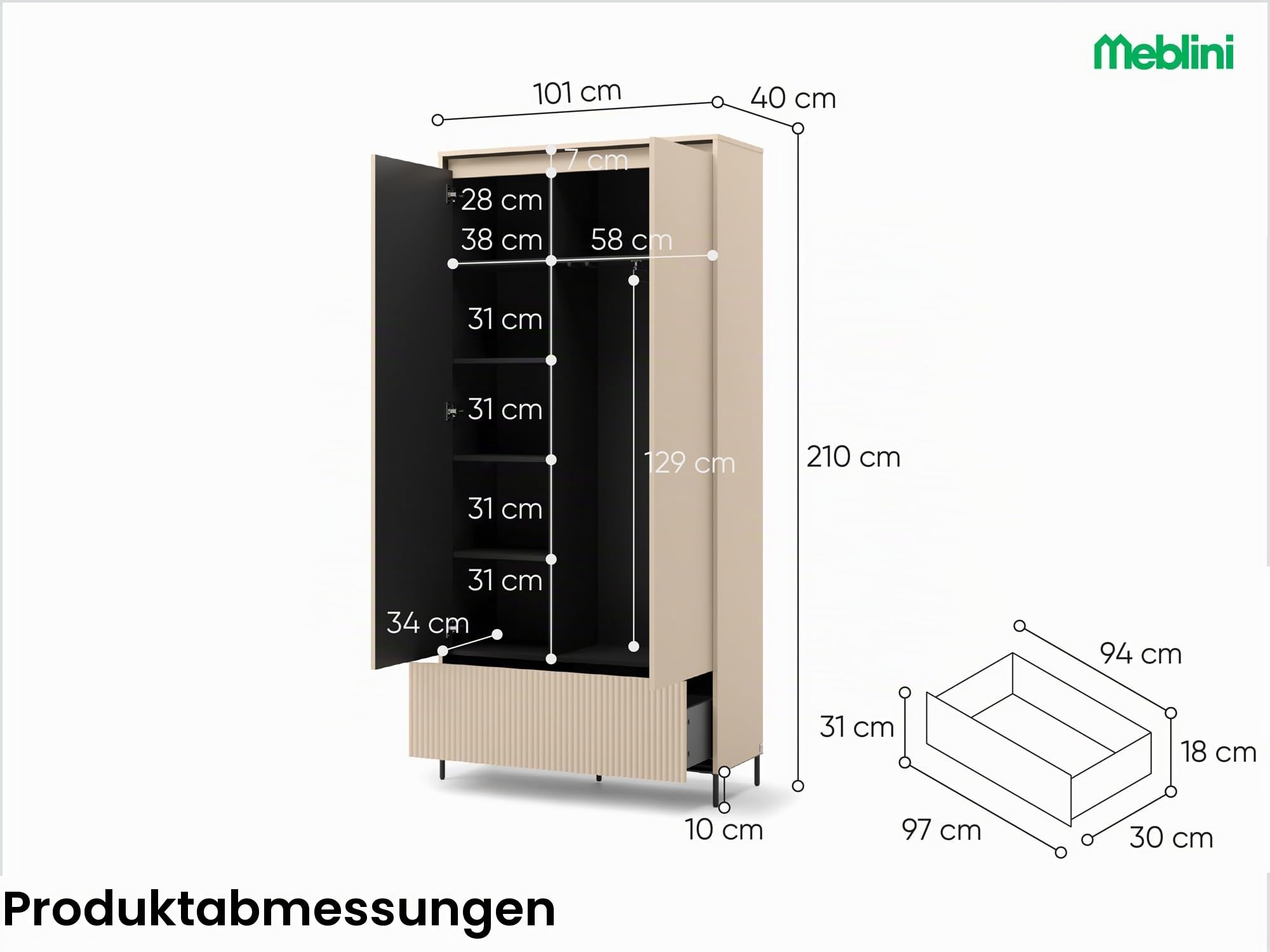 MEBLINI Garderobe Flur Möbel Set mit LED - Garderobenschrank Flur mitl Kommode - Garderobe Schrank - Flurgarderobe - Flurschrank hoch - Trend - Beige/Schwarz