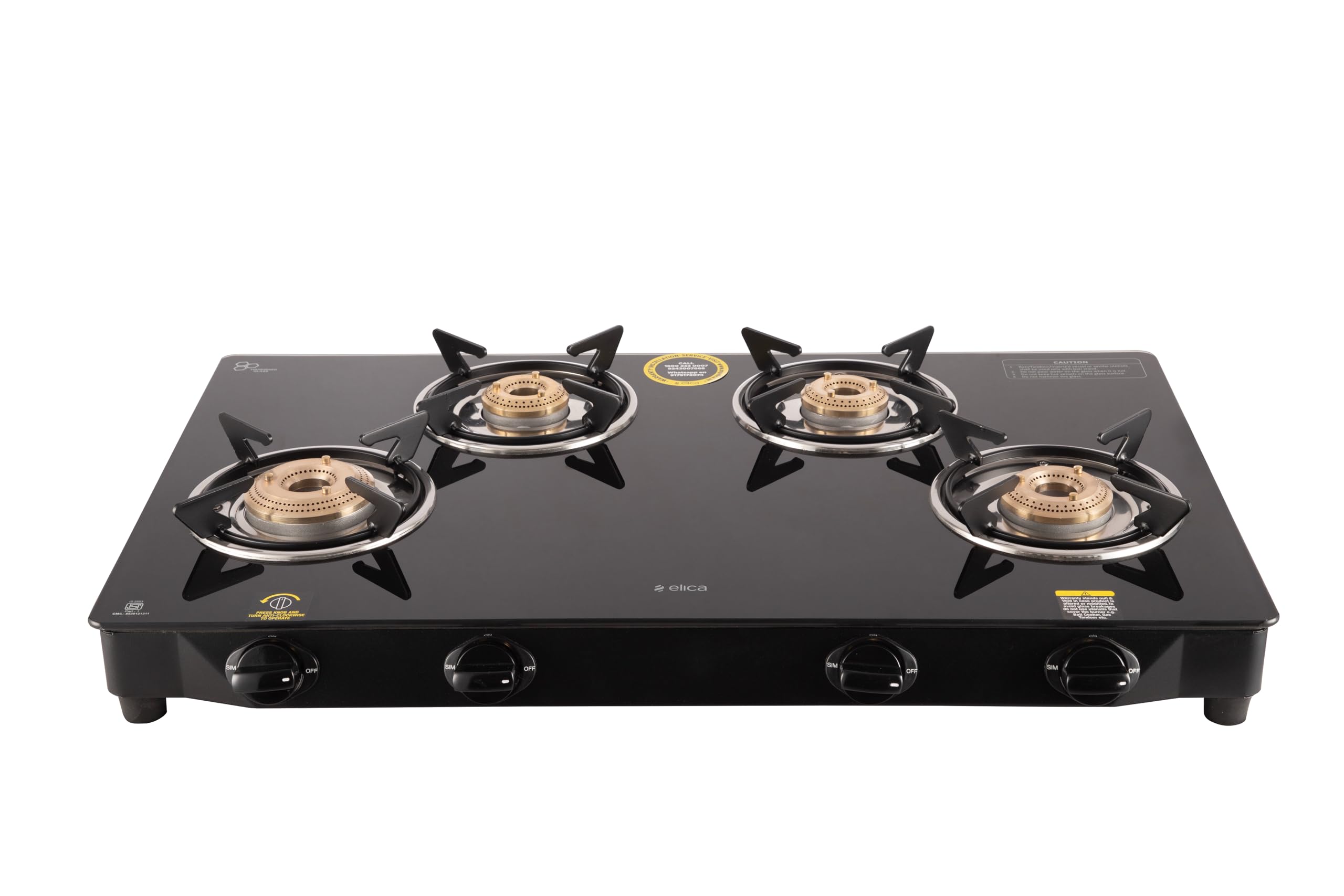 Elica 4 Burner Gas Stove | CT VETRO 774 J | Brass Burners | Toughened Glass Top | ISI Certified | 2 Year Warranty | Black