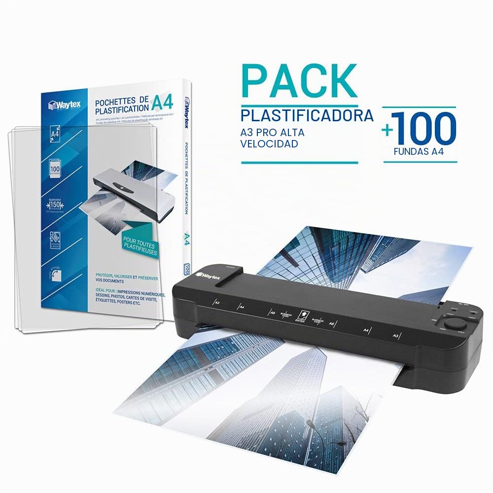 Plastificadora A3 A4 A5 A6 A7 Pro Ultra rápida en caliente y fría hasta 2 x 150 micras Temperatura ajustable para uso profesional intensivo Pack con 200 fundas A4