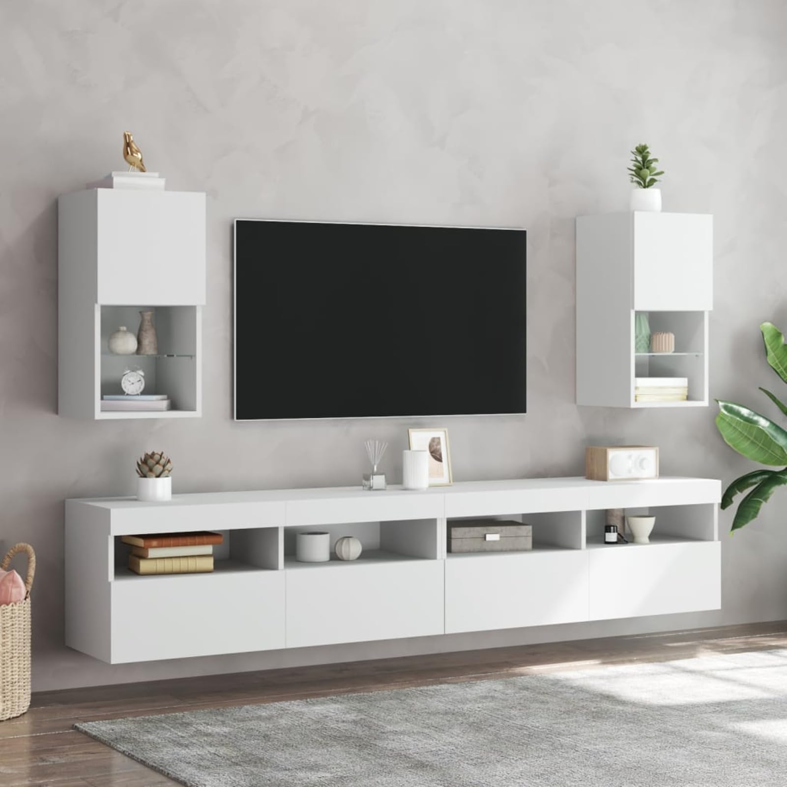 Homgoday LED TV-Schrank mit Regal, Holzwerkstoff, Weiß, 30,5 x 30 x 60 cm - Wandmontage, für Wohnzimmer und Home Cinema Model836988