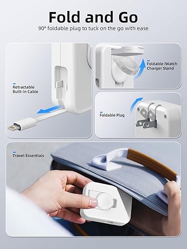 Miniatura 10 de Bloque de cargador para Apple Watch, cargador de pared 2 en 1 con cable de carga retráctil integrado, adaptador de corriente plegable de viaje