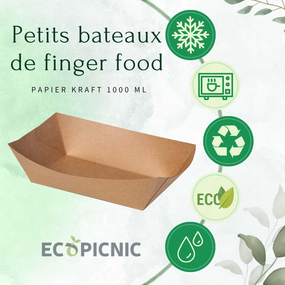 Barquettes en Papier 1000 ml Lot de 500 | Contenants Jetables en Papier Kraft pour Frites, Snacks, Apéritifs, et Aliments à Emporter, Idéal pour Emballage Alimentaire