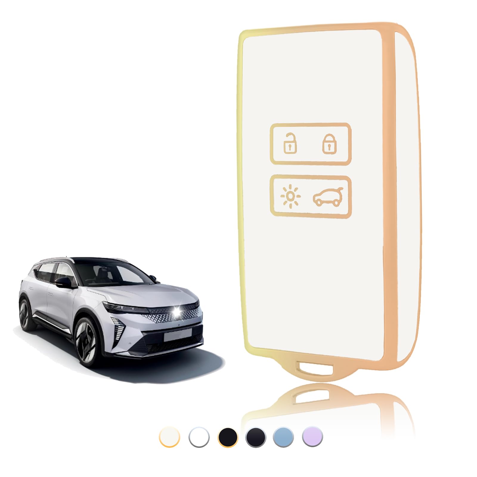 HIBEYO Custodia Portachiavi In TPU Per Renault - Adatta Per Koleos, Kadjar, Captur, Zoe, Clio, Megane 4 E Altri - Colore Argento Bianco, 4 Tasti