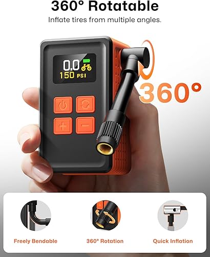 Miniatura 5 de MCY Bomba de bicicleta portátil y mini con calibre, bomba eléctrica de inflado rápido de 25 segundos con 150 PSI, bomba de bicicleta con Presta,