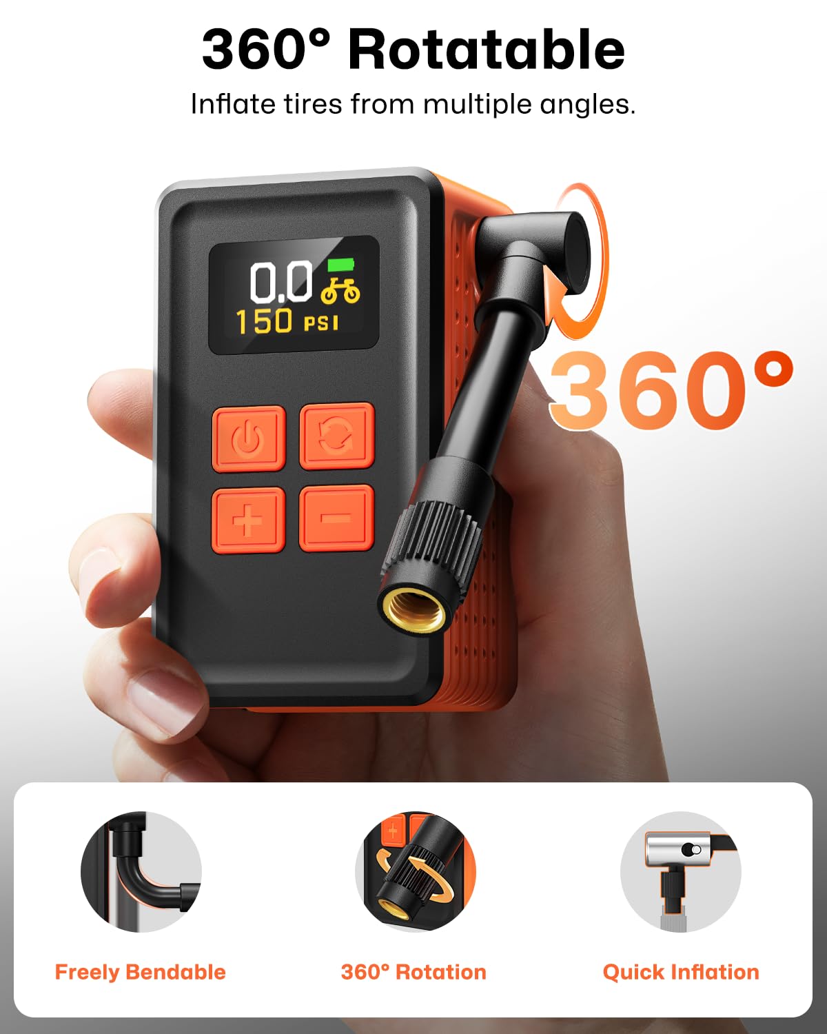 MCY Portable and Mini Bike Pump with Guage,20s Fast Inflate Electric Bike Tire Pump with 150PSI,Bicycle Pump with Presta,Schrader Valve,Auto Stop,Clear Pressure Display,Motorcycle,Ball,Swimming Ring