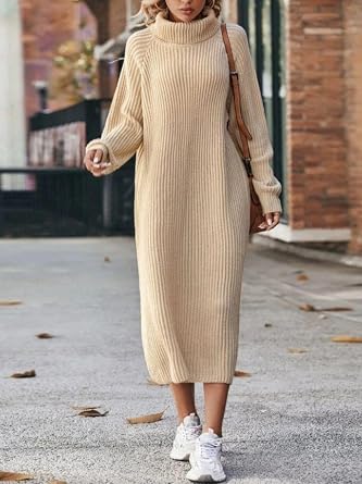 Turtle Neck Sweater Dress for Women 2024 Trendy Long Sleeve Maxi Sweater Dress Ribbed Knit Pullover Dresses