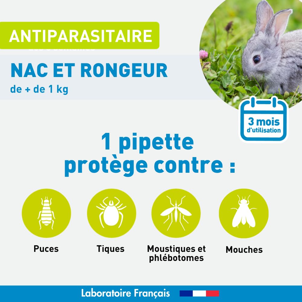 VETOFORM | Pipette Antiparasitaire Petit mammiphère +1kg | Lapin, Cochon d'Inde, Hamster | NAC | antipuces et Anti-tiques | 3x0,6 ML | Fabriqué en France