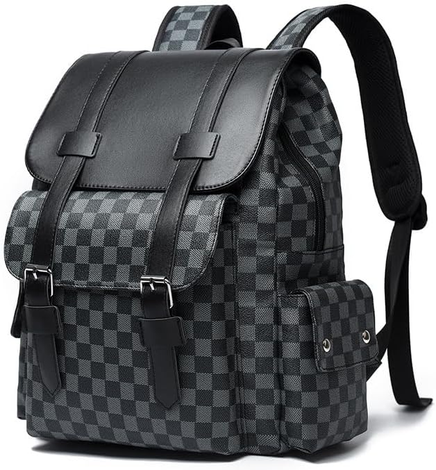 Retro men's business plaid backpack can hold a 15.6-inch laptop, women's stylish travel waterproof leather backpack. (black-16.3inch)