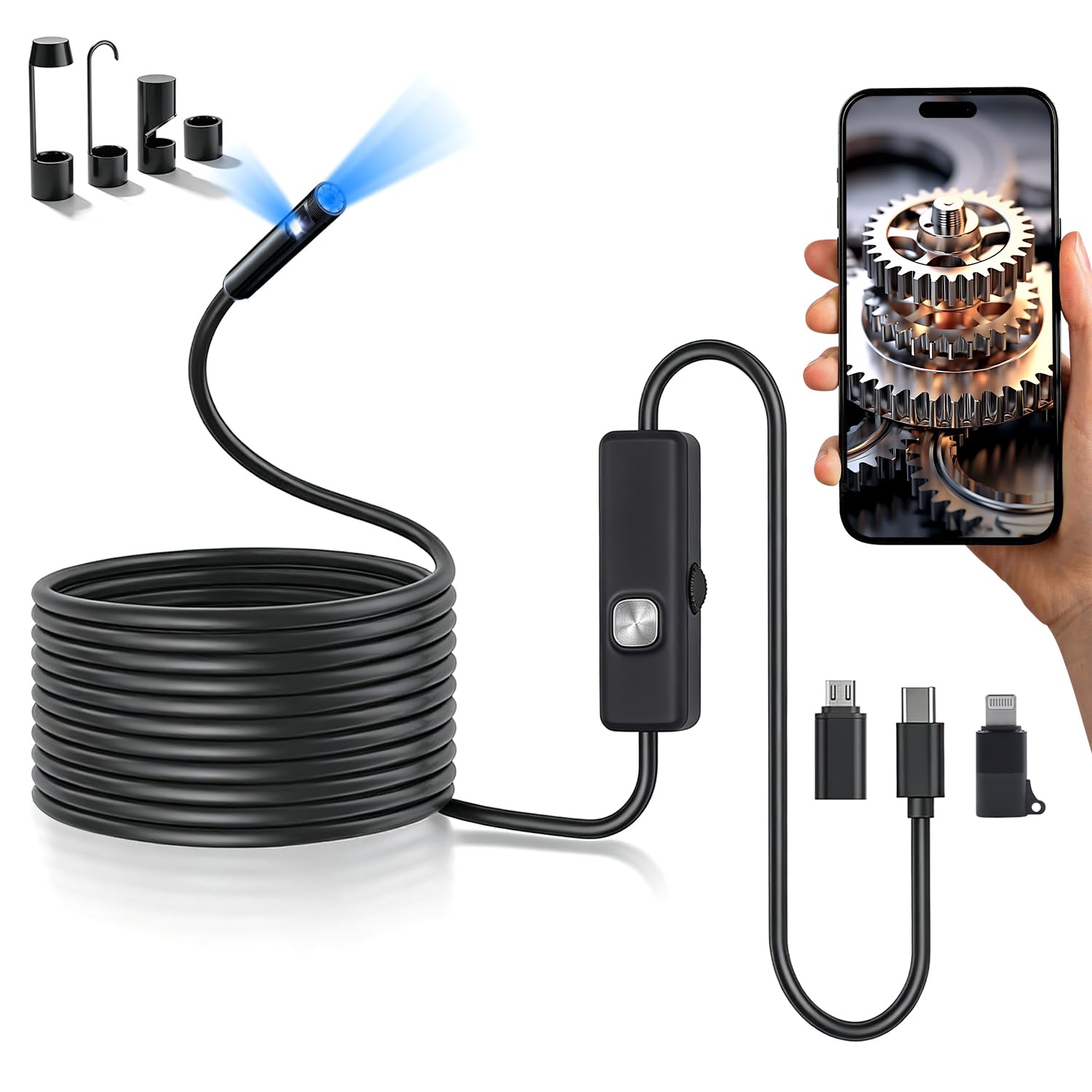 Endoskopkamera mit Licht, 5M Dual-Linsen-Boreskop Werkzeuge mit 8 einstellbaren LED-Lichtern, Endoskop mit halbstarrer Schlangenkamera, IP67 Wasserdichtes Endoskop für iOS und Android (Dual-Linse 5M)