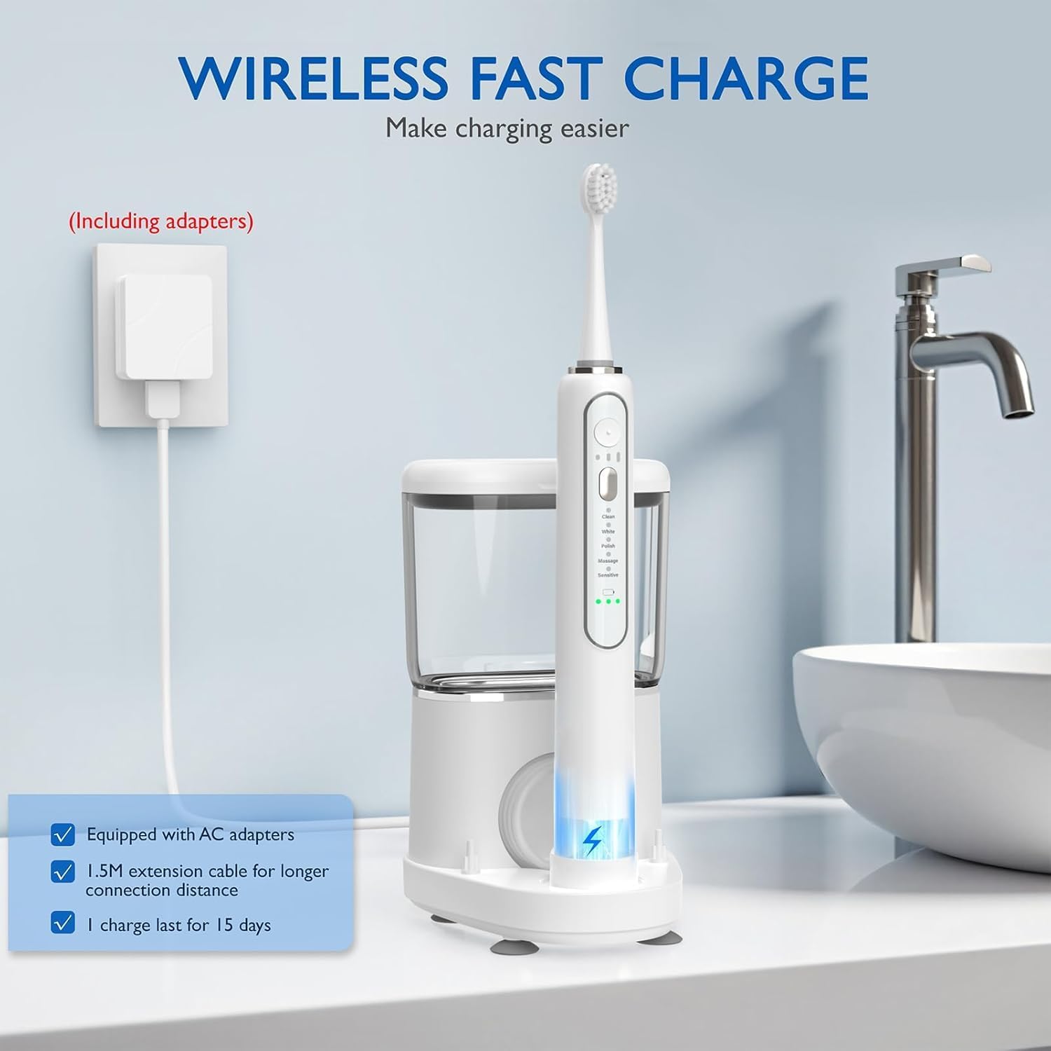 Electric Toothbrush with Water Flosser - Wireless Charging 3 in 1 Flossing Toothbrush - 500ML Professional Cordless Brush and Flosser in One - 5 Brush Modes & 3 Floss Speed (White)