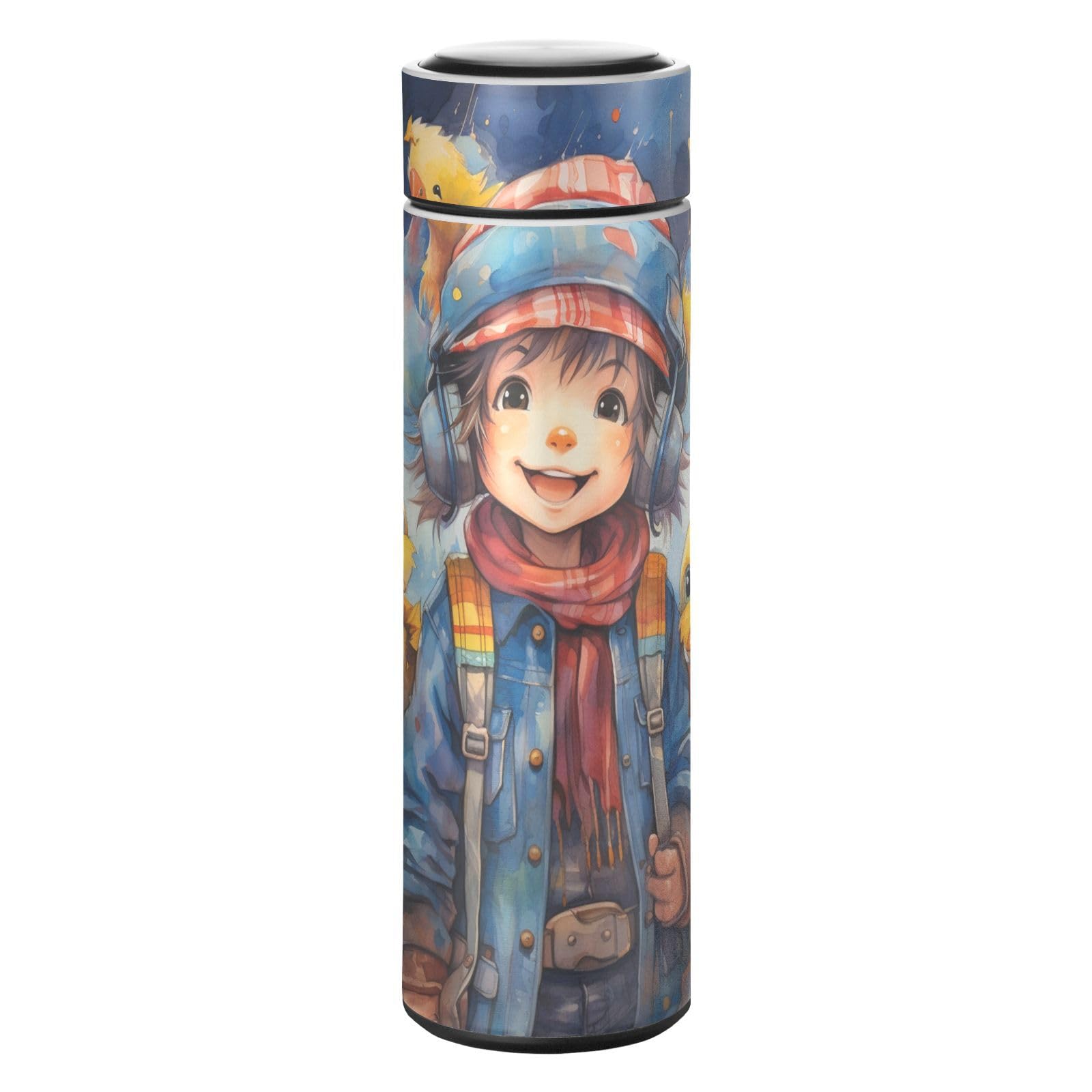 Botella de agua de acero inoxidable para niños con polluelos alegres termo infantil azul de acero