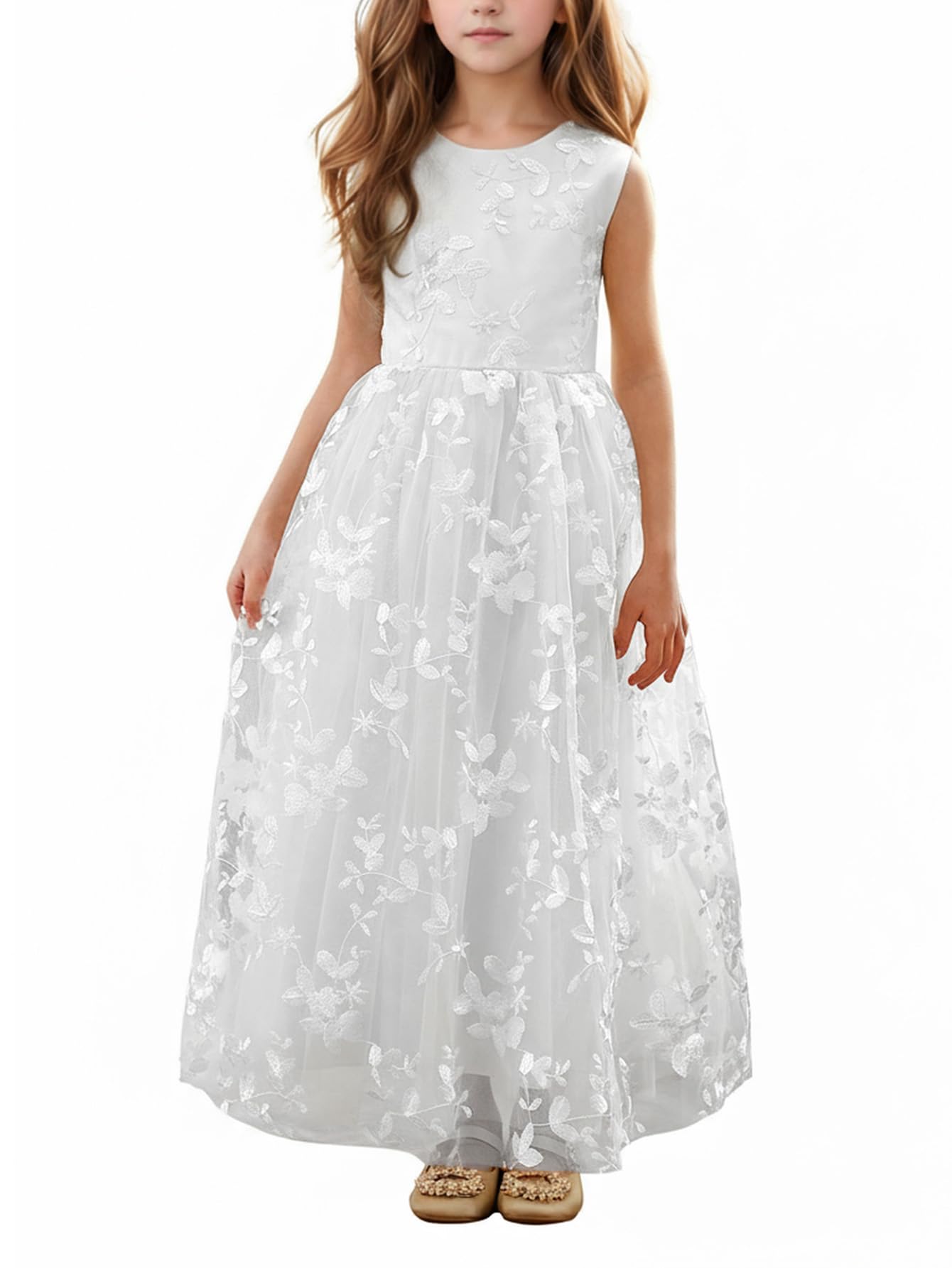 Aibaowedding Chic Lange Kinder Kommunionkleid Sommerkleider aus Besticktem Tüll mit Satin Gürtel/Boho A-Linie Brautjungfern Kleider Blumenmädchenkleider für Mädchen(Weiß-Schleife,6)