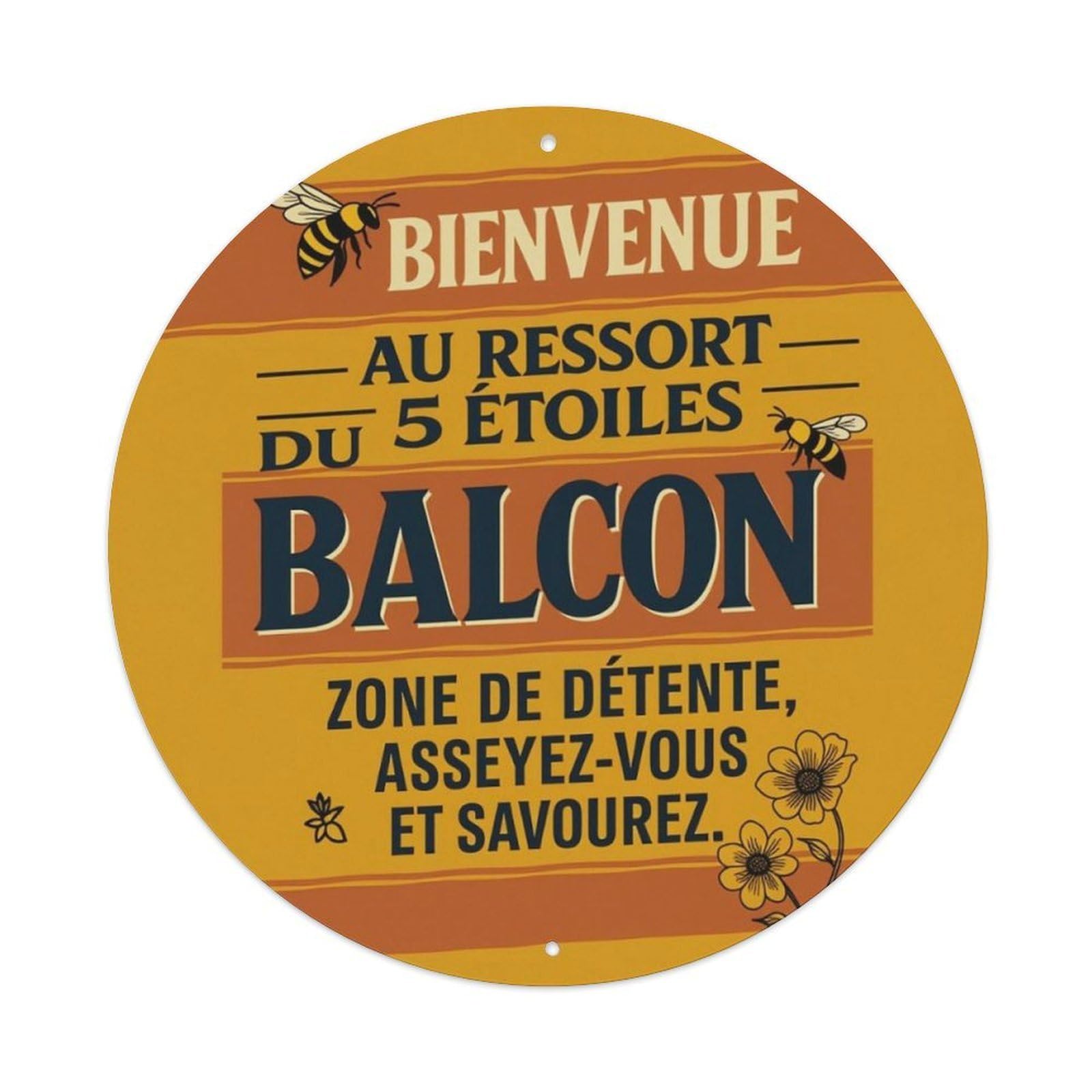 French Balcony Bee Floral Welcome Round Decor Sign Vintage Aluminium Metal Sign, Retro Wall Decor for Home, Bar, Garage & Farmhouse 20x20cm