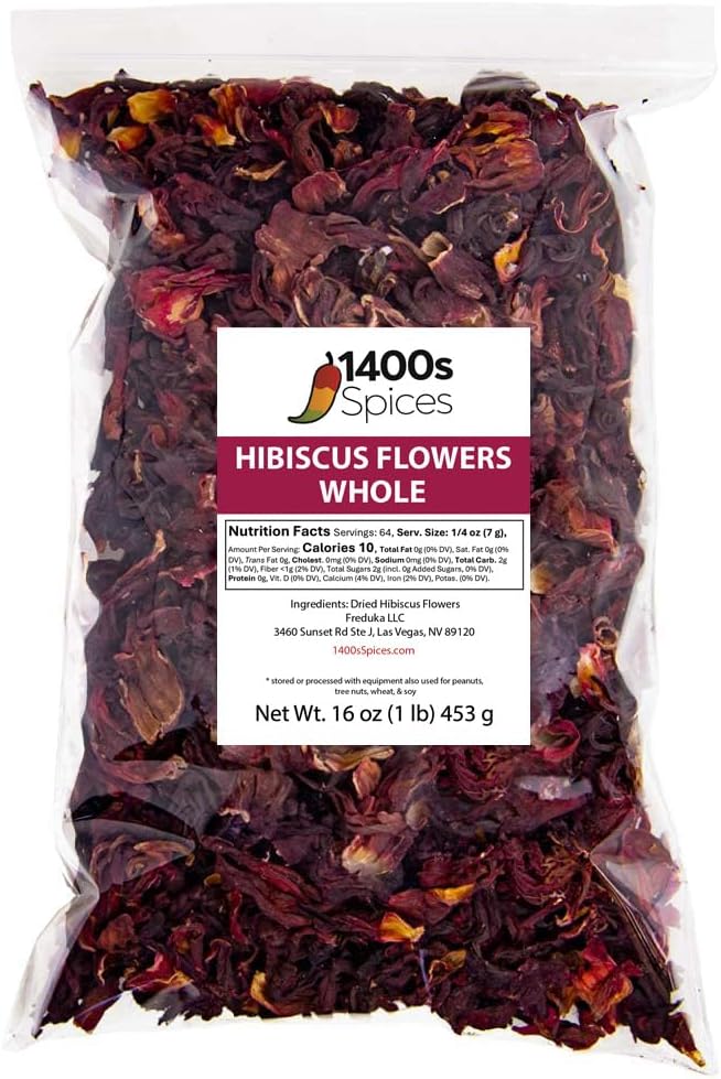 1lb Dried Whole Hibiscus Flowers and Petals, Flor de Jamaica, Sorrel Flower, Zobo Flower perfect for Tea and Mexican Agua Fresca by 1400s Spices | perfect for Tea, Mexican Agua Fresca, Flor de Jamaica, by 1400s Spices
