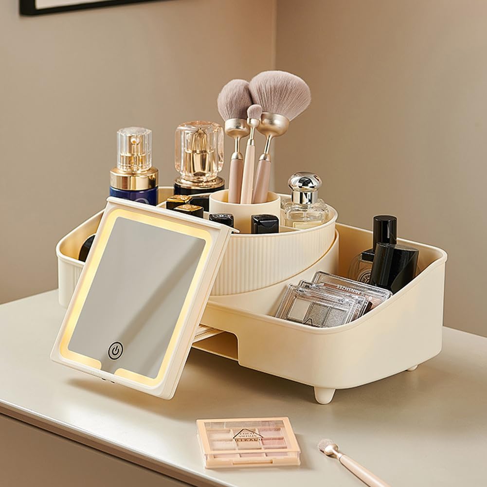 360° Drehbarer Make Up Organizer Set mit Kosmetik Organizer Lidschatten und Lippenstift Organizer, Kosmetik Aufbewahrung, Kosmetikorganiser für Schminktisch, Schlafzimmer, Badezimmer,Flesh