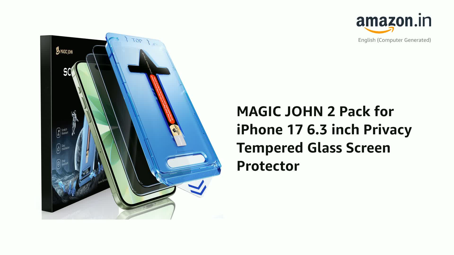 Magic John Privacy Screen Protector For IPhone 17 Pro 6.3” – 25° Anti-Spy Tempered Glass, Auto Dust-Removal, Bubble-Free, 2-Pack