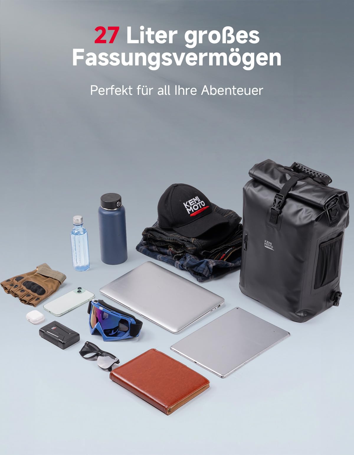 KEMIMOTO 27L Wasserdichter Fahrradtasche, 500D PVC Wasserdicht Gepäckträgertasche, Sichere Befestigung Laptopfach, 3 IN 1 Fahrradrucksack mit Tragegriff und Schultergurt, Rucksack und Umhängetasche