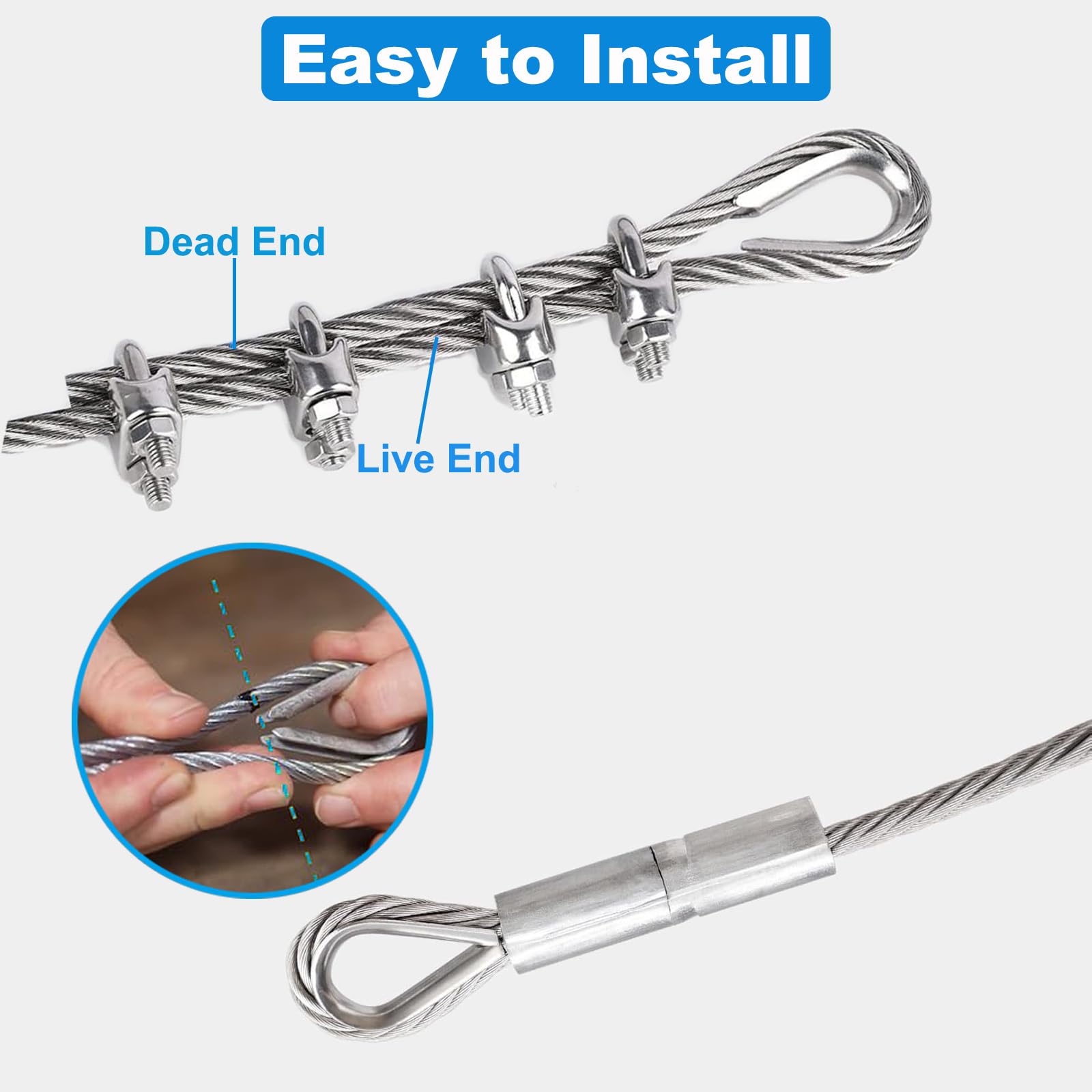 FOLUXING 75Ft Galvanized Wire Rope, 1/4(6mm) 7x19 Strand Aircraft Cable With Loops, Heavy Duty Steel Cable With Clamps And Thimbles For Zipline