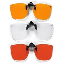 OptiCraft 3 Packs Clip On Blue Light Blocking Glasses, Relieve Headaches & Eye Strain, Flip Up Rimless Lens - Clear/Amber/Red