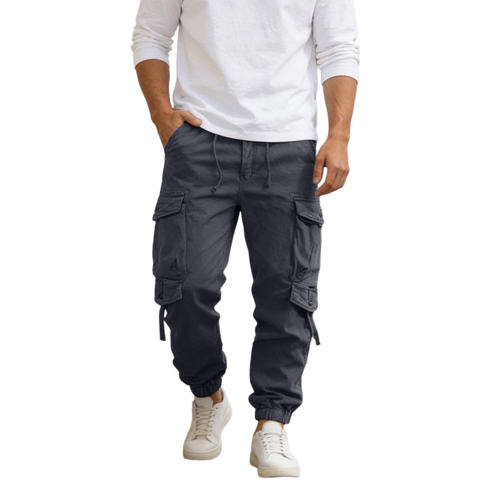 Cargohose für Herren, klassisch, mehrere Taschen, pflegeleicht, Arbeitshose, Kordelzug, erweiterbare Taille, Wandern, Kampf, Arbeit, Utility, Cargohose, langlebig, strapazierfähig, elastischer Saum