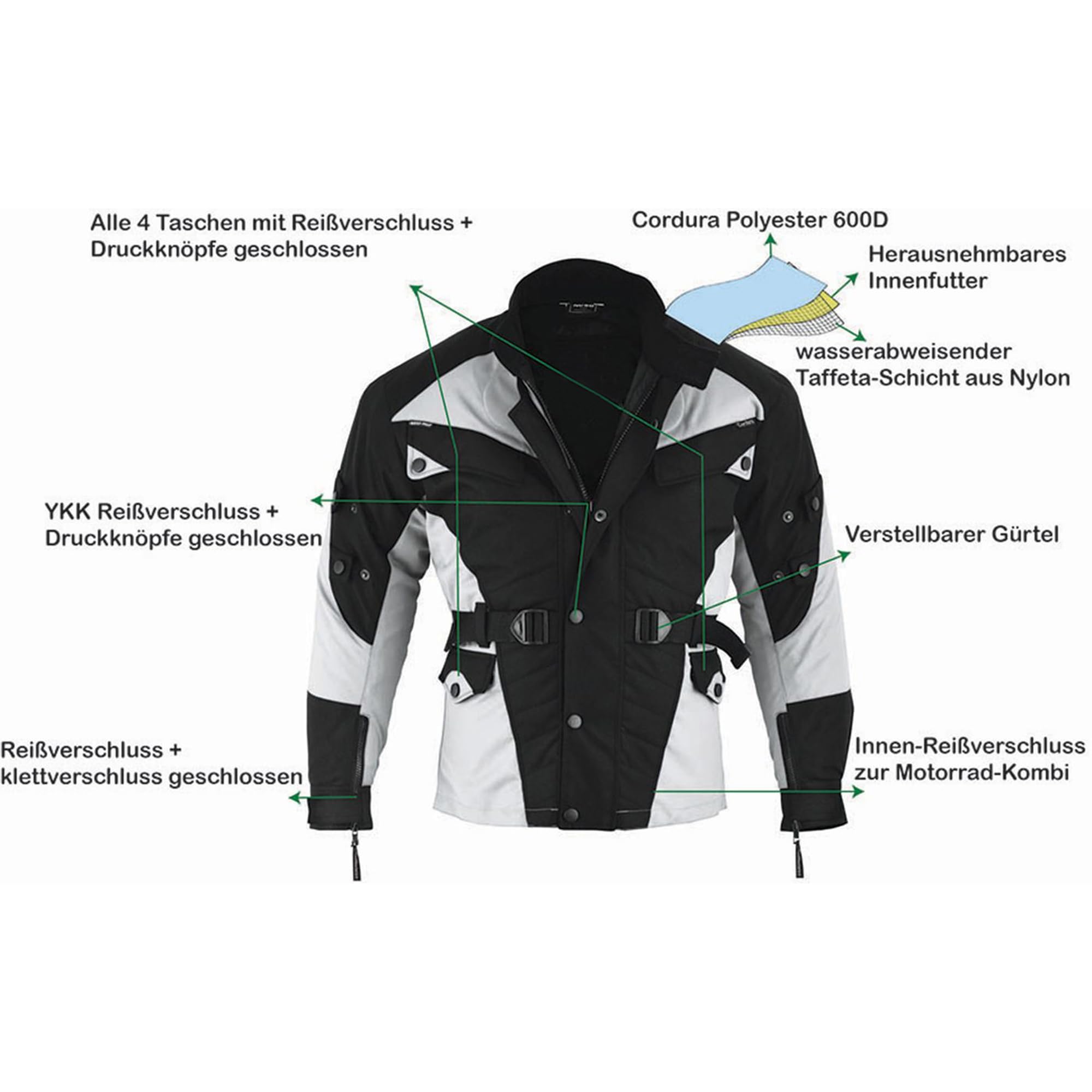 German Wear Męski kombinezon motocyklowy, 2-częściowy, z ochraniaczami, kombinezon motocyklowy, lekka tekstylna kurtka motocyklowa długa + spodnie motocyklowe, kurtka motocyklowa, wyjmowana wyściółka