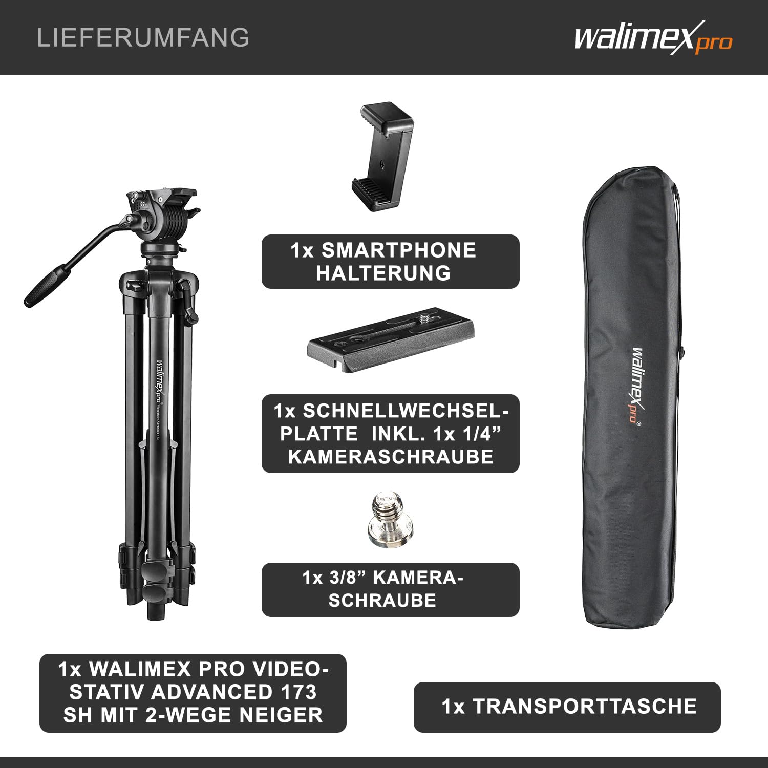 Statyw wideo Walimex pro z uchwytem na smartfon i torbą I Zaawansowany, 173 cm, lekki i stabilny I 2-kierunkowa głowica obrotowa z funkcją panoramy 360° i blokadą obrotu I do lustrzanek cyfrowych