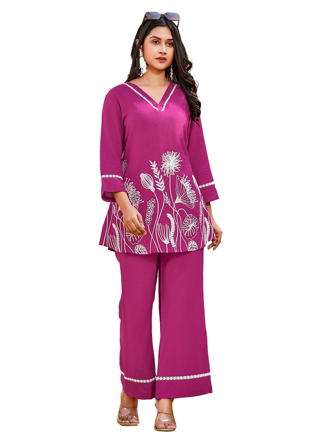 2-Piece Women's Co-ords Set - Viscose Rayon V-Neck 3/4 Sleeve Regular Fit Casual Shirt & Trousers Embroidered Design-image-49