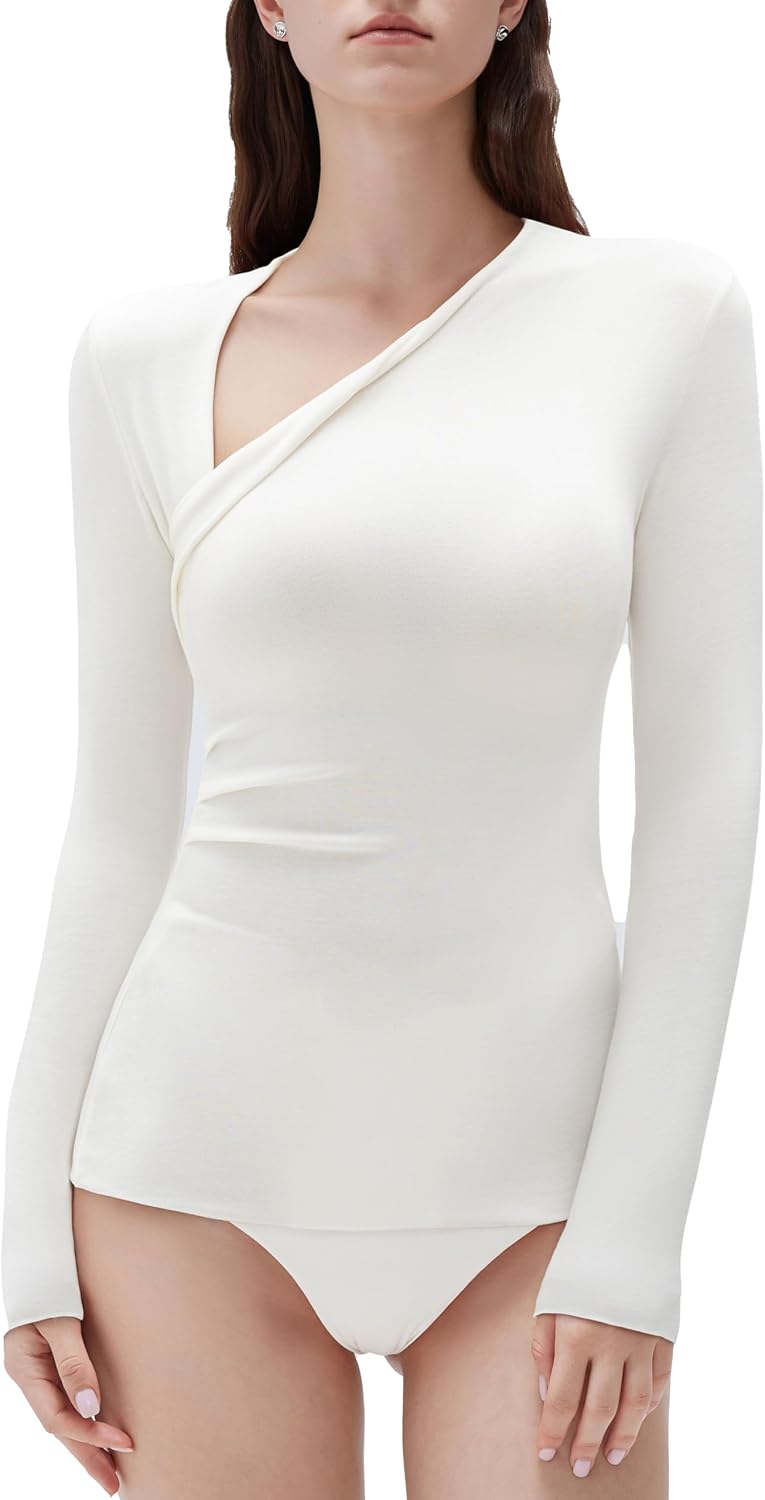 SUUKSESS Modal Cashmere Long Sleeve T Shirts for Women Ultralight Fall Fashion 2025 Trendy Asymmetric Neck Casual Tops