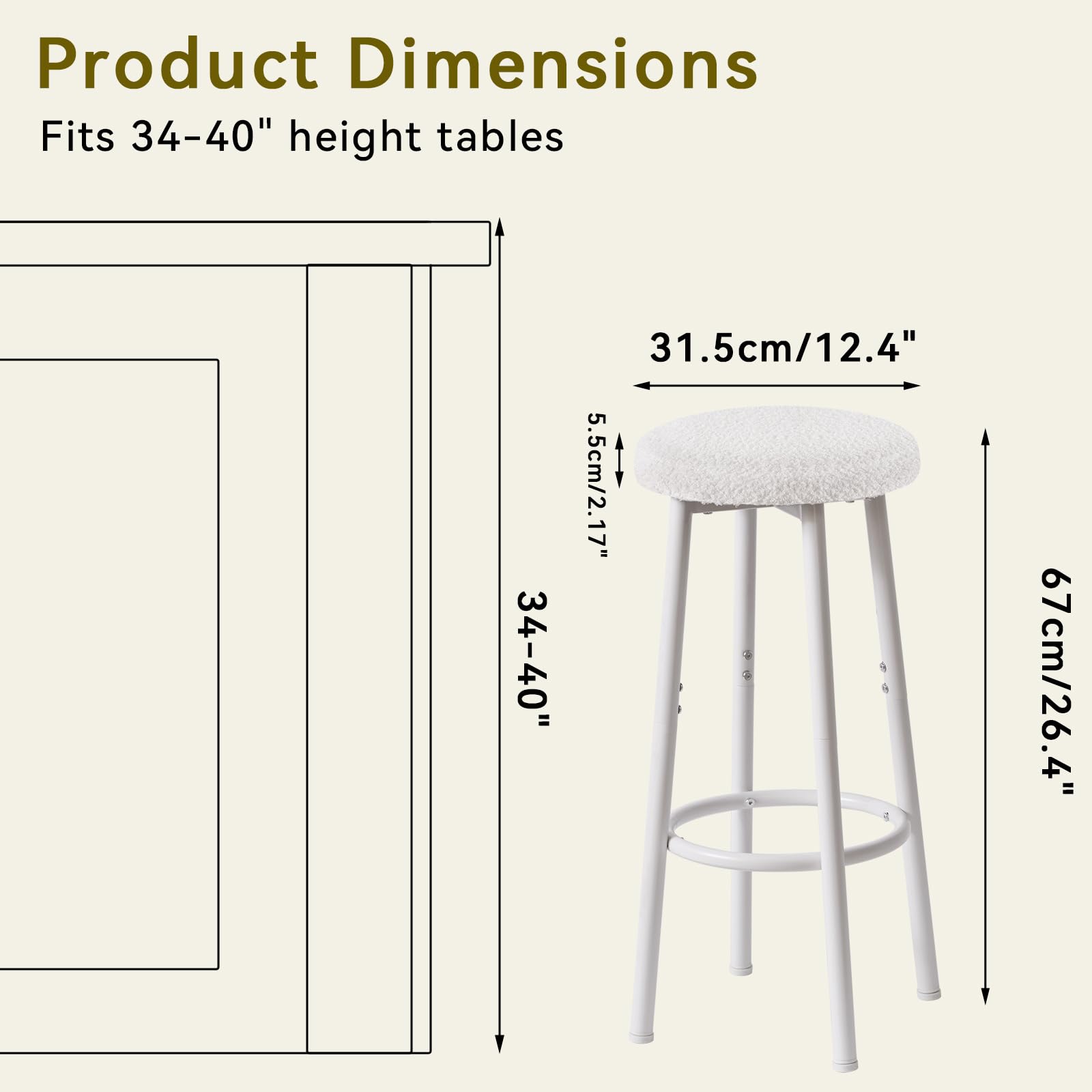 YMYNY 67 cm Tabourets Bar Lot de 2 Métal Tissu, Blanc HBS515W