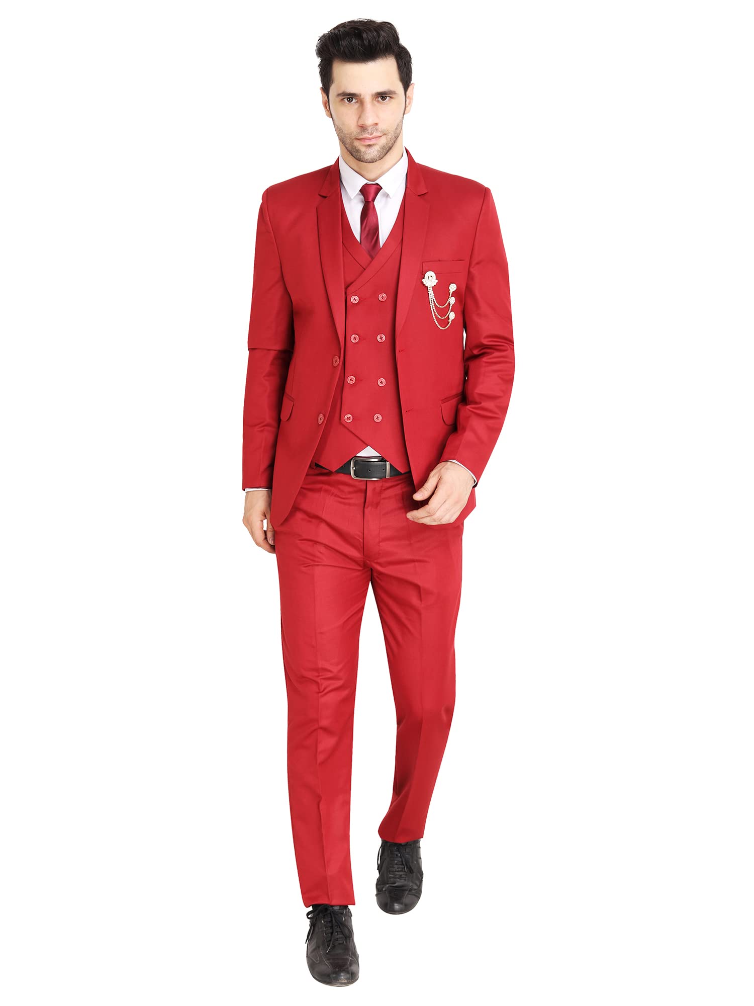 VYOM Enterprise Men's Slim Fit Tuxedo 3 Pieces Suit Set Notch Lapel Suit with Double Breasted Waistcoat Crocodile Red Size 34-picture-35